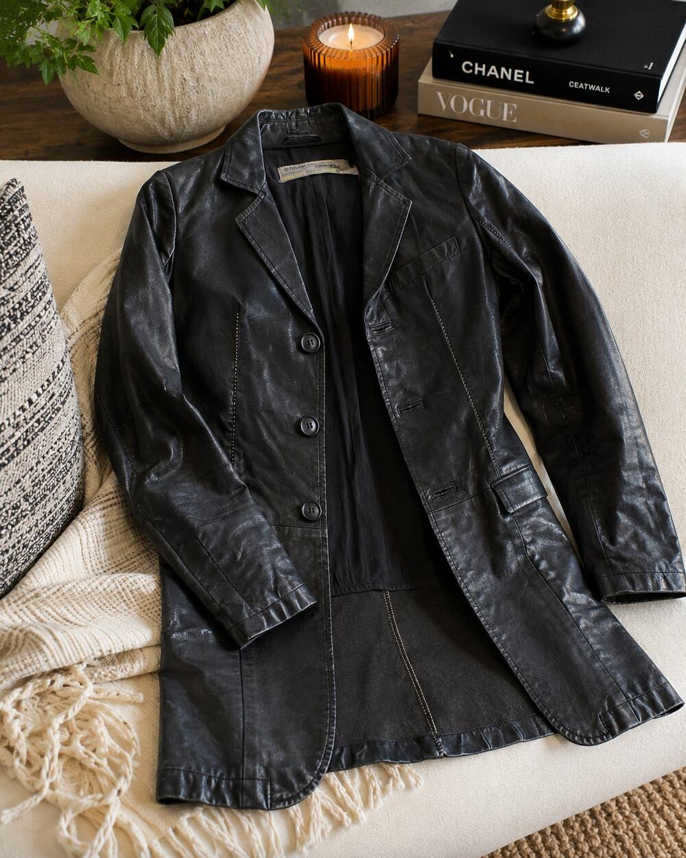 TOUGH Jeansmith Black Distressed Genuine Leather Long Coat Jacket Sz S -F450